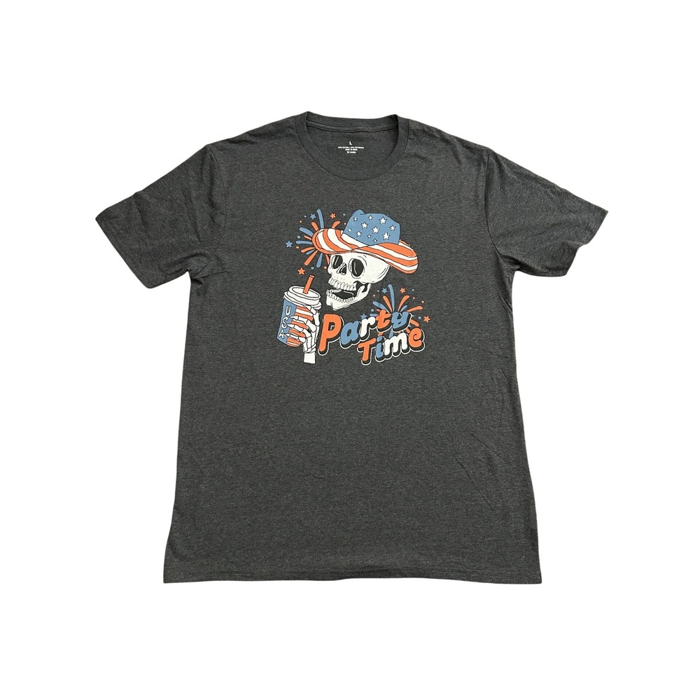 Party Time Skull Graphic Tee‎ Mens Large Charcoal Gray USA T-Shirt EUC NWT